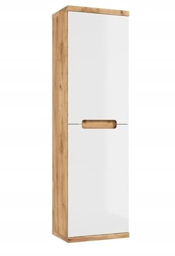 Deftrans Domodomo Bad-Hängeschrank schmal 138,6 x 40,4 x 29,2 cm, Stauschrank, weiß glänzend + Eiche Craft Gold, Bad-Hängemöbel, Vier Einlegeböden von Deftrans