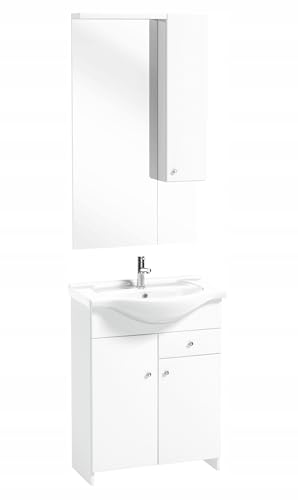 Deftrans Domodomo Badschrank mit Waschbecken und Spiegel weiß 105 cm, Waschbeckenschrank 80 x 65 x 48 cm, Keramik-Waschbecken-Set, Badmöbel-Set von Deftrans