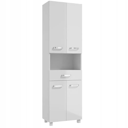 .Deftrans - Hochschrank Badezimmer 170x50 cm Weiß Hochglanz | Badschrank Schmal Stehend mit 5 Regalen & Schublade | Moderner Badezimmerschrank Hoch für kleine Bäder von .Deftrans