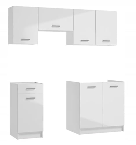 .Deftrans Küchenmöbel First - 5-teiliger Set in Hochglanz-Weiß, inkl. 80 cm Spülschrank, 40 cm Schubladenschrank, 60 cm Dunstabzugshaube, 80 cm Hängeschrank 40 cm - Ohne Elektrogeräte von .Deftrans