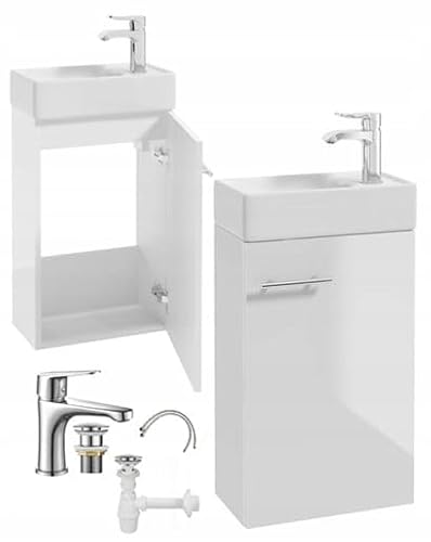 .Deftrans - Waschbecken mit Unterschrank 60x40 cm Weiß Hochglanz – Hängend – Gäste WC Waschtisch Set mit Armatur, Syphon & Ablaufgarnitur – Badmöbel für kleine Bäder von .Deftrans
