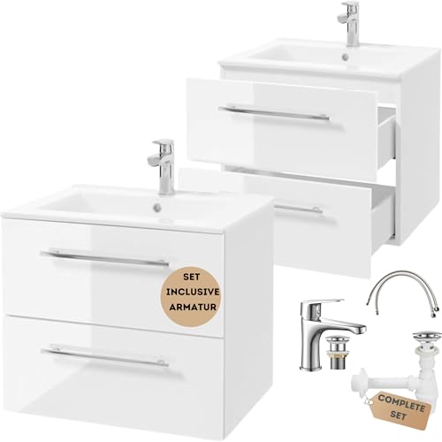 .Deftrans Waschbeckenunterschrank 60 cm hängend mit Waschbecken, Armatur & Siphon – Waschtisch mit Unterschrank, Softclose, Badezimmermöbel Set für kleine Bäder, Hochglanz Weiß von .Deftrans