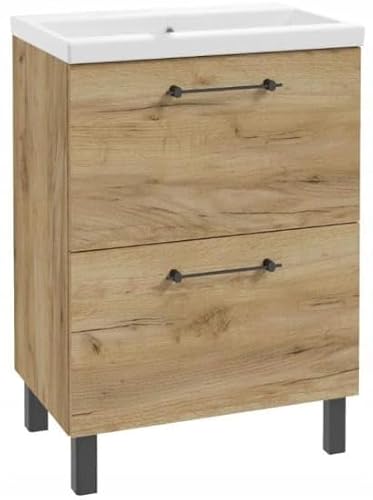 .Deftrans Waschbeckenunterschrank 60x80 cm mit waschbecken – Badezimmer Unterschrank Eiche Craft, stehend mit 2 Schubladen Soft-Close, Badmöbel mit Füßen von .Deftrans