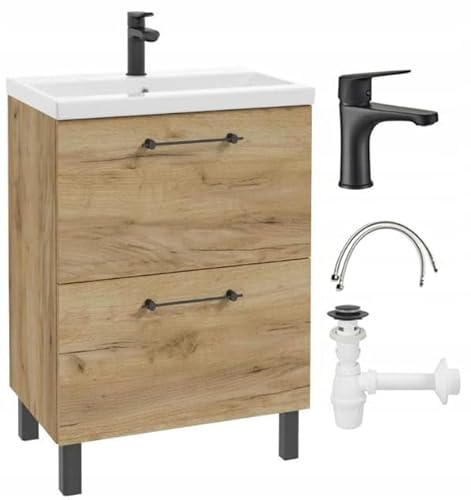 .Deftrans Waschbeckenunterschrank 60x80 cm mit waschbecken – Badezimmer Unterschrank Eiche Craft, stehend mit 2 Schubladen Soft-Close, Badmöbel mit Waschtischarmatur von .Deftrans