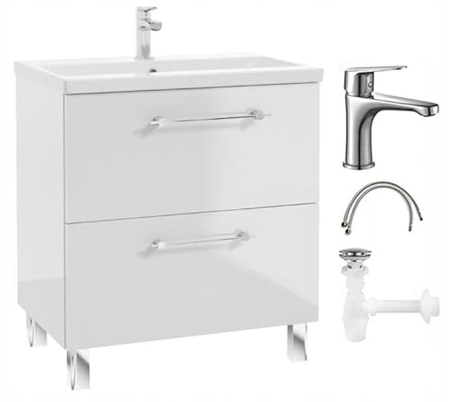 .Deftrans - Waschbeckenunterschrank 80 cm Breit x 40 cm Tief x 84 cm Hoch – Badezimmerschrank mit Waschbecken, Armatur und Siphon – Badunterschrank stehend in Weiß Hochglanz – mit Schubladen .Deftrans - Waschbeckenunterschrank 80 cm Breit x 40 cm Tief x 84 cm Hoch – Badezimmerschrank mit Waschbecken, Armatur und Siphon – Badunterschrank stehend in Weiß Hochglanz – mit Schubladen von .Deftrans