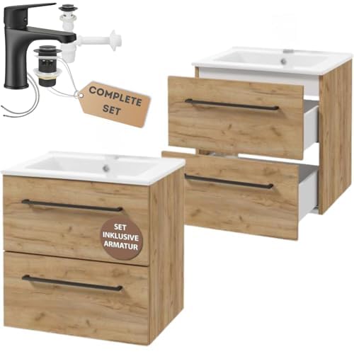 .Deftrans - Waschtisch mit Unterschrank 50 cm breit Set mit Zwei Schubladen - Waschbecken mit hängendem Unterschrank, schwarzer Armatur und Siphon - Waschtischunterschrank mit Waschbecken von .Deftrans