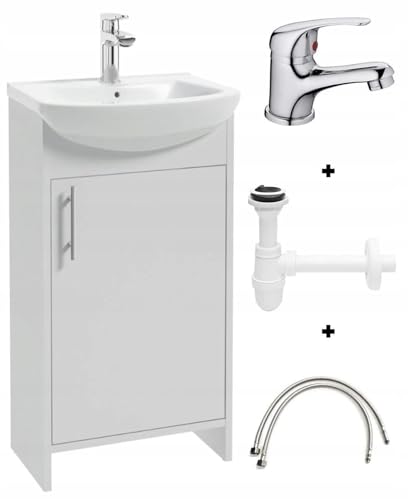 Deftrans waschbecken mit unterschrank 46,5 x 24,5 x 84 cm -waschtisch mit unterschrank weiß, gäste wc waschbecken mit unterschrank und Waschtischarmatur 45 cm von Deftrans