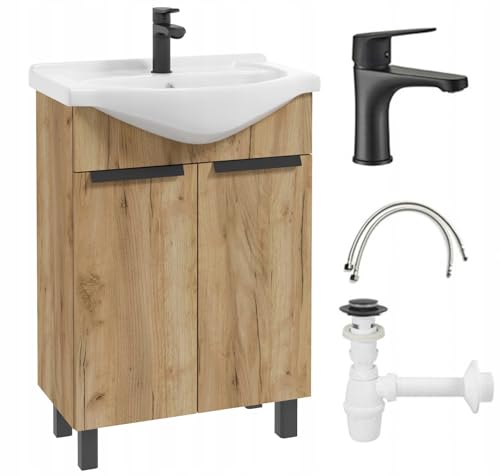 Deftrans waschbecken mit unterschrank 60 x 85 x 43,5 cm -waschtisch mit unterschrank und Waschtischarmatur, gäste wc waschbecken mit unterschrank 60 cm Holz von Deftrans