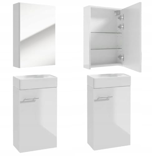 .Deftrans Waschtisch + Spiegel Badmöbel Set für Gäste Bad WC waschbeckenunterschrank und spiegelschrank Bad 40 x 60 x 21,3 cm weiß Hochglanz - badmöbel Set- Badezimmer waschbecken mit unterschrank von .Deftrans