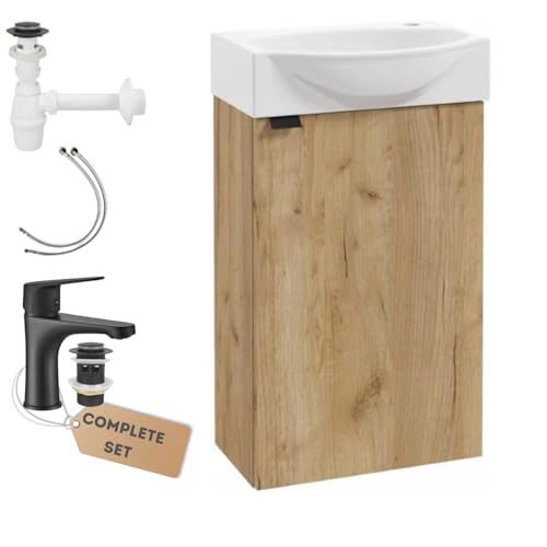 Deftrans wc waschbecken mit unterschrank 69 x 40 x 21,3 cm, waschtisch mit unterschrank gäste wc klein, waschtischunterschrank - gäste wc möbel Eiche, gästebad mit schwarz matt Armatur, klick-Klack von .Deftrans