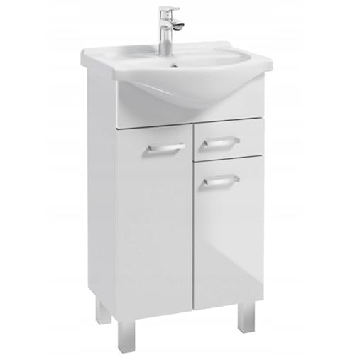Domodomo Badezimmerschrank mit Waschbecken 85 x 50 x 42 cm Stehender Badezimmerschrank mit Schublade und Unterschrank, lackiert, Elegantes Set mit Keramikwaschbecken (Weiß) von Deftrans