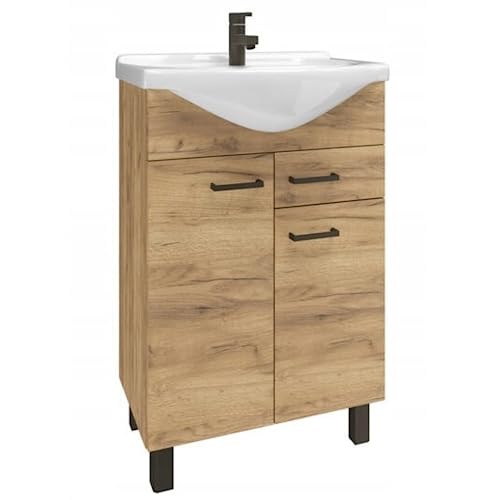 Domodomo Badezimmerschrank mit Waschbecken 85 x 55 x 42 cm Stehender Badezimmerschrank mit Schublade und Unterschrank, lackiert, Elegantes Set mit Keramikwaschbecken (Eiche Craft) von Deftrans