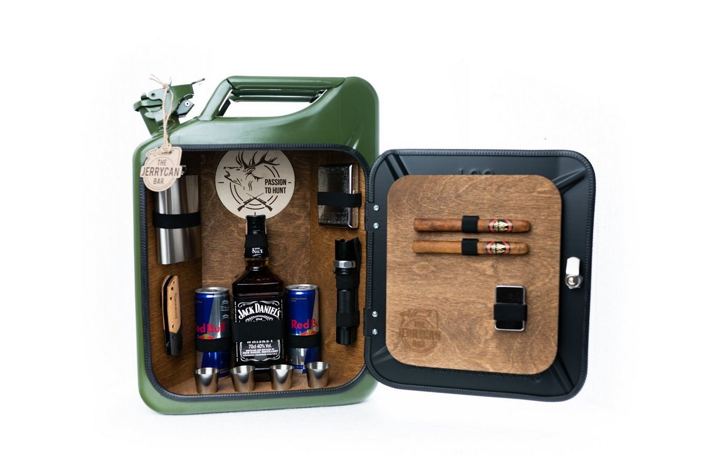 Deggelbam Flaschenregal ORIGINAL Männerhandtasche - JerryCan Bar Minibar, Geburtstagsgeschenk, Weihnachtsgeschenk oder Männergeschenk, Handgefertigt aus einem originalen 20 Liter US Army Kraftstoffkanister von Deggelbam