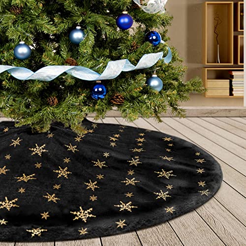 Deggodech 122cm Weihnachtsbaum Röcke Schwarz Plüsch Weihnachtsbaum Rock Matte mit Gold Schneeflocke Weihnachtsbaumdecke Fell Christbaumständer Dekorationen Teppich (Schwarz, 122cm/48zoll) von Deggodech