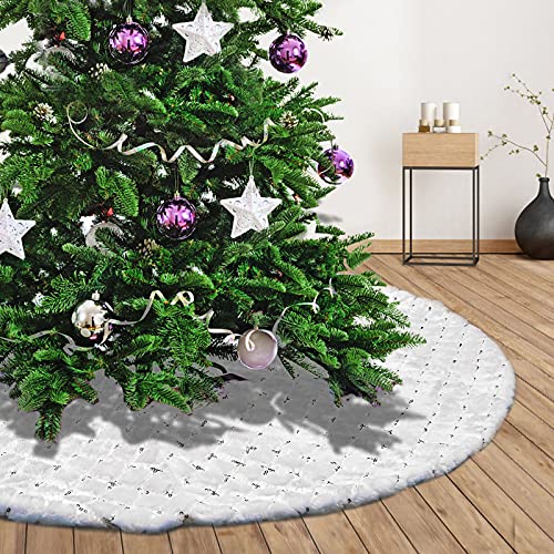 Deggodech 122cm Weihnachtsbaum Röcke Weiß Plüsch Weihnachtsbaum Rock Matte Weißer mit Silber Kreuz Pailletten Weihnachtsbaumdecke Fell Christbaumständer Dekorationen Teppich (Weiß, 122cm/48zoll) von Deggodech