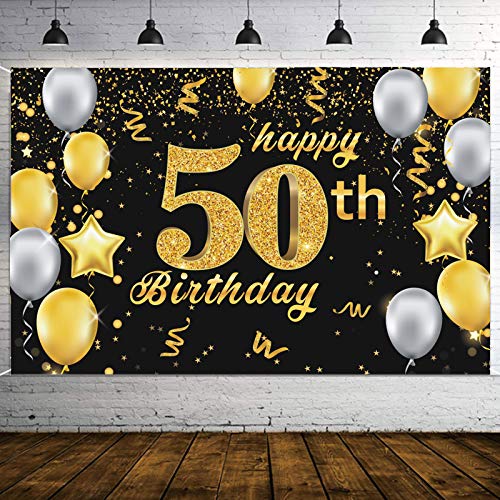 Deggodech 50 Geburtstag Party Dekoration, Extra Große Schwarz Gold " Happy 50th Birthday " Banner Hintergrund für Frau Männer Mädchen Jungen Geburtstag Deko Geburtstag Photo Booth Hintergrund von Deggodech