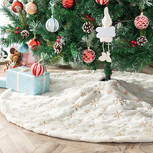 Deggodech 78cm Weicher Plüsch-Weihnachtsbaum-Rock mit rundem Weihnachtsbaum-Rock Matte Verzierungen weißer Schnee Plüsch-Rock für Weihnachten Urlaub Party-Dekoration Goldfarbene Schneeflocke 31inch von Deggodech