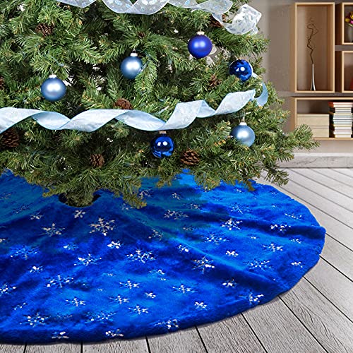 Deggodech 78cm Weihnachtsbaum Röcke Blau Plüsch Weihnachtsbaum Rock Matte mit Silber Schneeflocke Weihnachtsbaumdecke Fell Christbaumständer Dekorationen Teppich (Blau, 78cm/31zoll) von Deggodech