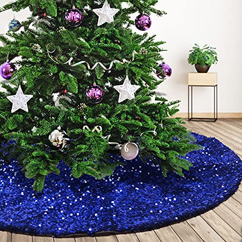 Deggodech Blau Pailletten Weihnachtsbaum Rock 122cm Navy Blau Glitter Weihnachtsbaumrock Matte Weihnachtsbaumdecke Rund Baumdecke Weihnachtsbaum für Weihnachtsfeiertag Dekorationen (Blau, 48inches) von Deggodech