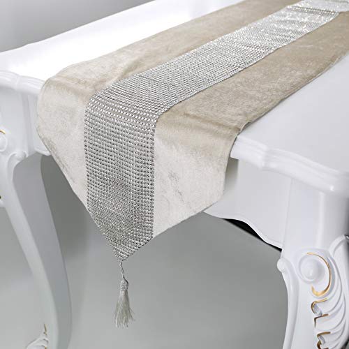 Deggodech Beige Tischläufer mit Quaste 32 x 210 cm Lang Modern Glitter Tischläufer Silber Diamant Table Runner für Küchentisch, Kaffeetisch, Kommode，Weinschrank Dekoration (210cm, Beige) von Deggodech