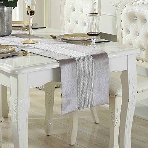 Deggodech Champagner Tischläufer 32 x 180 cm Glitter Tischläufer Silber Diamant Table Runner für Küchentisch, Kaffeetisch, Kommode，Weinschrank Dekoration (180cm, Champagner) von Deggodech