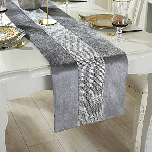Deggodech Grau Tischläufer 32 x 180 cm Glitter Tischläufer Silber Diamant Table Runner für Küchentisch, Kaffeetisch, Kommode，Weinschrank Dekoration (180cm, Grau) von Deggodech