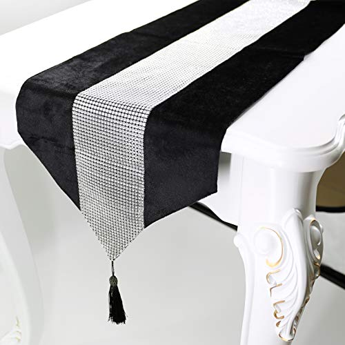 Deggodech Schwarz Tischläufer mit Quaste 32 x 210 cm Lang Modern Glitter Tischläufer Silber Diamant Table Runner für Küchentisch, Kaffeetisch, Kommode，Weinschrank Dekoration (210cm, Schwarz) von Deggodech