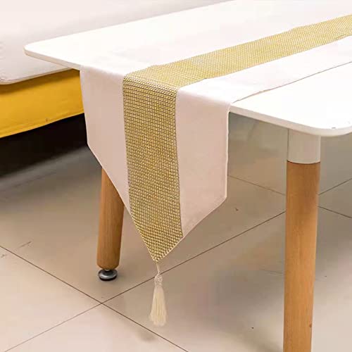 Deggodech Beige Tischläufer mit Quaste 32 x 210 cm Lang Modern Glitter Tischläufer Gold Diamant Table Runner für Küchentisch, Kaffeetisch, Kommode，Weinschrank Dekoration (210cm, Beige) von Deggodech