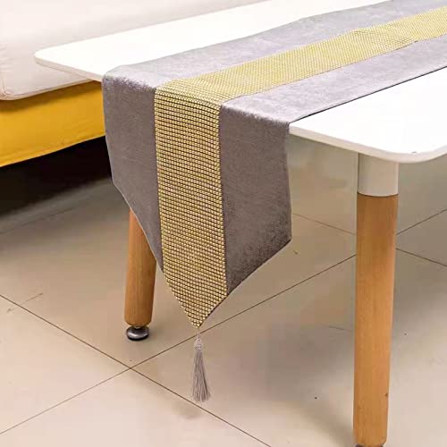 Deggodech Grau Tischläufer mit Quaste 32 x 210 cm Lang Modern Glitter Tischläufer Gold Diamant Table Runner für Küchentisch, Kaffeetisch, Kommode，Weinschrank Dekoration (210cm, Grau) von Deggodech