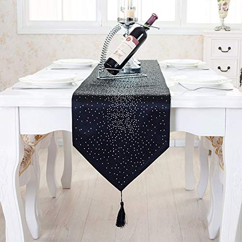 Deggodech Luxus Samt stilvolle atmosphäre minimalistischen modernen Diamanten Tischläufer/Tischdecke Couchtisch Tuch und Zwei Quasten (32 x 185 cm) (Schwarz Diamant) von Deggodech