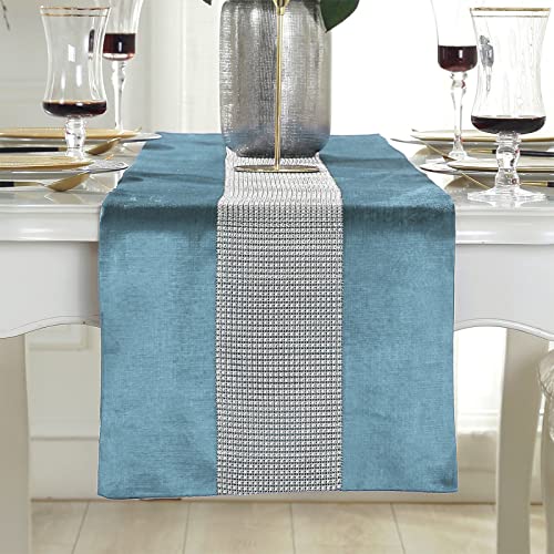 Deggodech Blau Tischläufer 32 x 180 cm Glitter Tischläufer Silber Diamant Table Runner für Küchentisch, Kaffeetisch, Kommode，Weinschrank Dekoration (180cm, Blau) von Deggodech