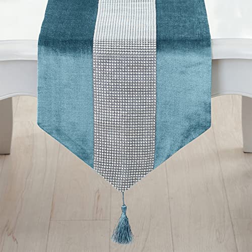 Deggodech Blau Tischläufer mit Quaste 32 x 210 cm Lang Modern Glitter Tischläufer Silber Diamant Table Runner für Küchentisch, Kaffeetisch, Kommode，Weinschrank Dekoration (210cm, Blau) von Deggodech