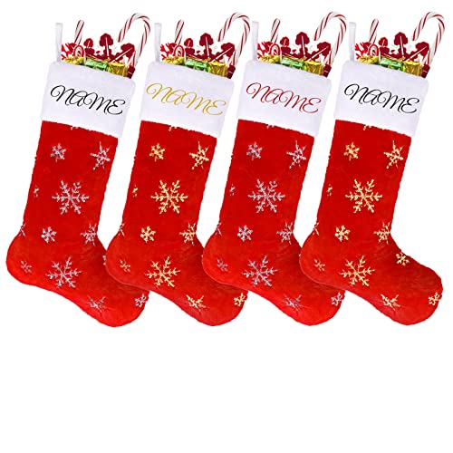 Deggodech Personalisierter Weihnachtsstrumpf Fell mit Namen Personalized Christmas Stockings Name Personalisierte Weihnachtsstrümpfe Rot Weiß mit Schneeflocken für Weihnachten Kamin Deko 4 Stück von Deggodech