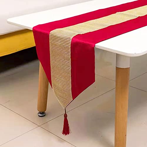 Deggodech Rot Tischläufer mit Quaste 32 x 210 cm Lang Modern Glitter Tischläufer Gold Diamant Table Runner für Küchentisch, Kaffeetisch, Kommode，Weinschrank Dekoration (210cm, Rot) von Deggodech