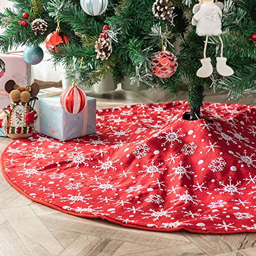 Deggodech Roter Weihnachtsbaum Rock 90cm doppellagige Weihnachtsbaum-Bodenmatte mit weißem Schneeflocken-Muster für Neujahr, Urlaub, Party, Weihnachtsschmuck (Rot, 90cm) von Deggodech