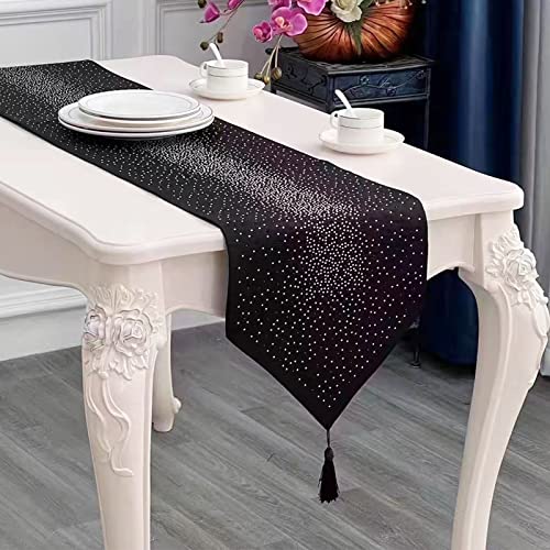 Deggodech Schwarz Tischläufer mit Quaste 33 x 210 cm Lang Modern Glitter Tischläufer Diamant Table Runner für Küchentisch, Kaffeetisch, Kommode，Weinschrank Dekoration (210cm, Schwarz) von Deggodech