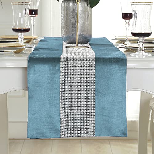 Deggodech Tischläufer Glitter Tischläufer Silber Diamant Table Runner für Küchentisch, Kaffeetisch, Kommode，Weinschrank Dekoration (32 x 210 cm, Blau) von Deggodech