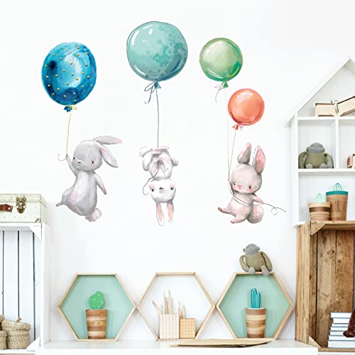 Deggodech Wandtattoo Tiere mit Luftballons, DIY Hase Wandaufkleber Wandbild Kinder Wandsticker für Babyzimmer Mädchenzimmer Kinderzimmer Schlafzimmer Wohnzimmer Wanddeko (Hase) von Deggodech