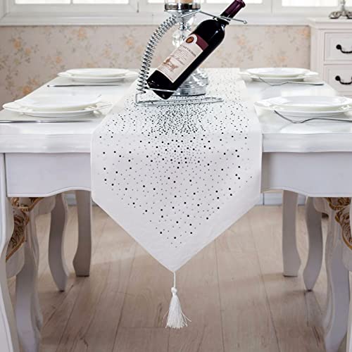 Deggodech Weiß Tischläufer mit Quaste 33 x 210 cm Lang Modern Glitter Tischläufer Diamant Table Runner für Küchentisch, Kaffeetisch, Kommode，Weinschrank Dekoration (210cm, Weiß) von Deggodech