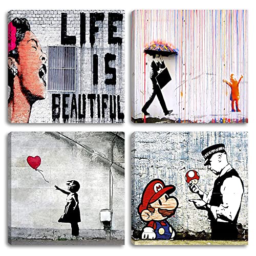 Degona Moderne Bilder BANKSY 2 bestehend aus 4 Stück, 30 x 30 cm, Druck auf Leinwand, Canvas, abstrakte Kunst, XXL, Möbel für Wohnzimmer, Schlafzimmer, Küche, Büro, Restaurant von Degona