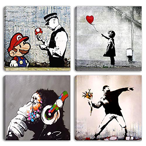 Degona Moderne Bilder Banksy 4 Stück jeweils 30 x 30 cm Druck auf Leinwand abstrakte Kunst XXL Dekor für Wohnzimmer Schlafzimmer Küche Büro Bar Restaurant von Degona