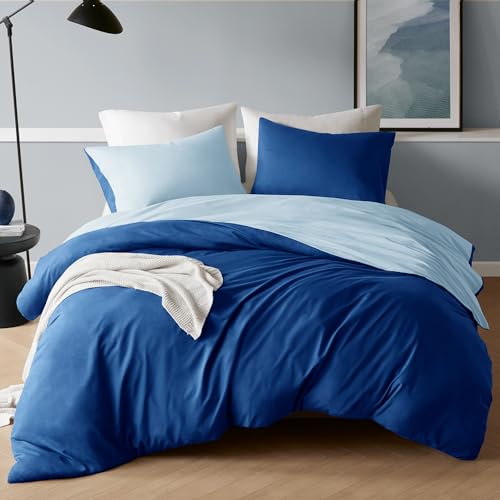Degrees of Comfort Bettwäsche 155x220 4teilig dunkelblau hellblau, bügelfrei Bettbezüge mit Reißverschluss - zweifarbiges Bettwäsche Set aus gebürsteter Mikrofaser, 2 Bettbezüge & 2 Kissenbezüge 80x80 von Degrees of Comfort