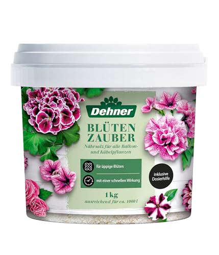 Dehner Blütenzauber, Spezialdünger, hochwertiger Dünger für Balkonpflanzen / Kübelpflanzen, organischer NPK-Dünger, mit Spurennährstoffen / Sofortwirkung, 1 kg, für ca. 1.000 l von Dehner