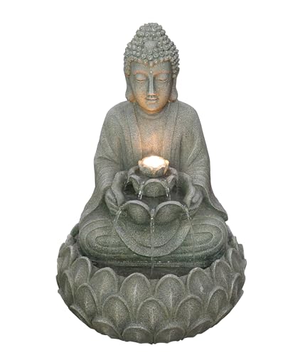 Dehner Gartenbrunnen Yoga, Solarbrunnen frostbeständig, Brunnen für Außen, mit LED Beleuchtung, ca. 55 x 36.5 x 36.5 cm, Polyresin, grau von Dehner