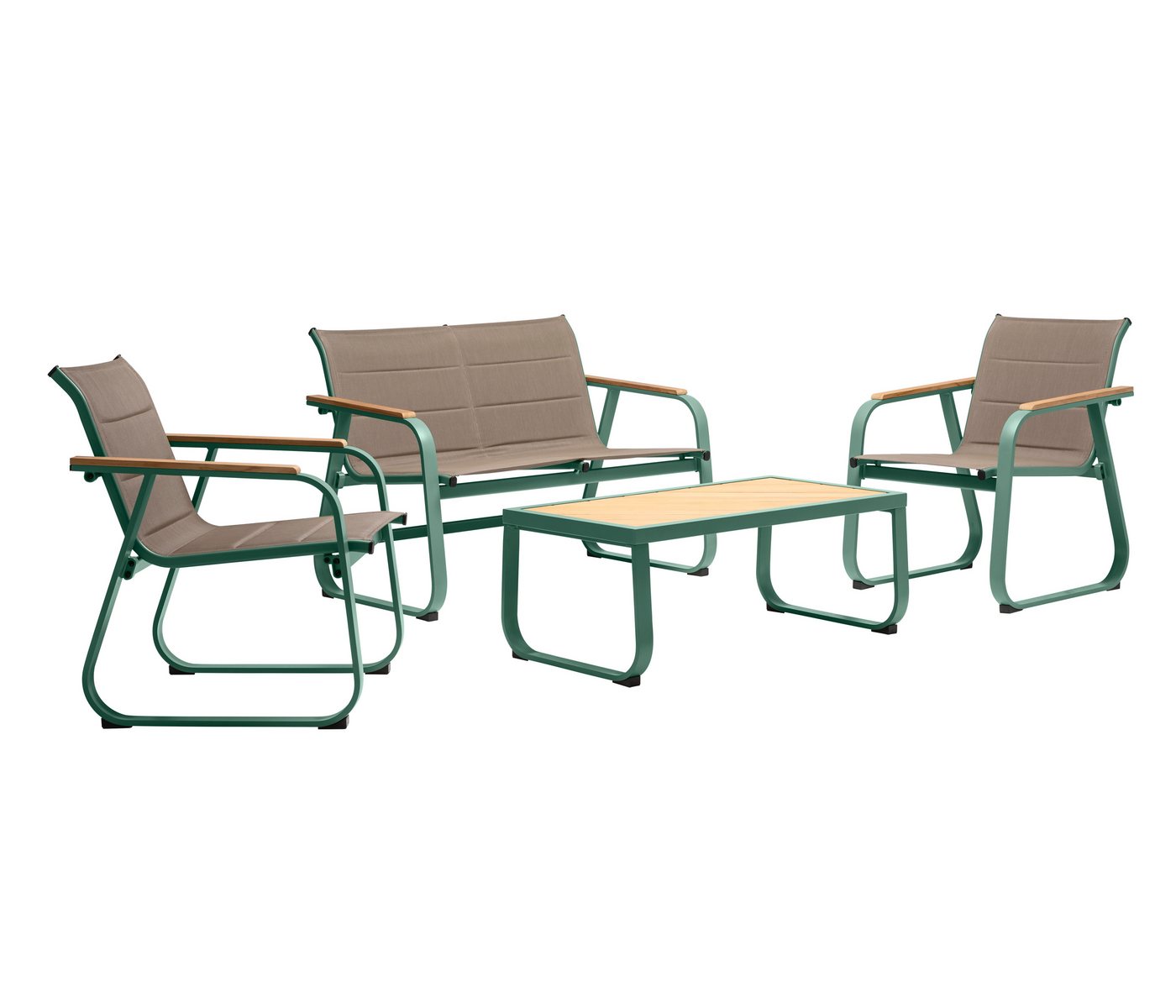 Dehner Gartenlounge-Set Korsika 4-teilig inkl. Gartentisch, witterungsbeständig, grün, stabil und wetterfest, aus Aluminium und FSC®-zertifiziertem Teakholz von Dehner