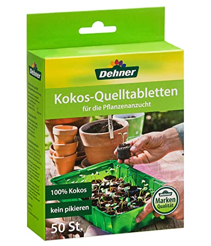 Dehner Kokos-Quelltabletten | Kokoserde Quelltabs, Aussaaterde Quelltopf, Torffreie Anzuchterde | biologisch abbaubar | Anzucht von Stecklingen, Sämlingen und Saaten | gedüngt | Ø 38 mm | 50 Stück von Dehner