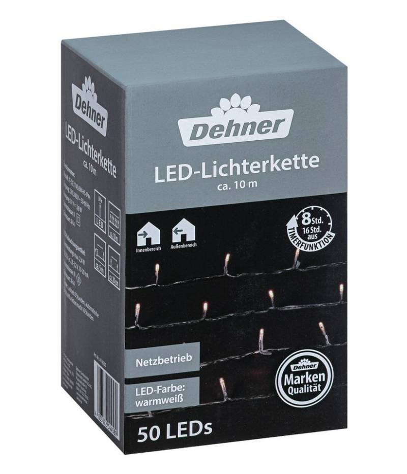 Dehner LED-Lichterkette 50 LEDs, warmweiß, Länge 10 m, Leistung 2.4 W, mit 8h Timer, Schutzklasse II/Schutzart IP44 von Dehner
