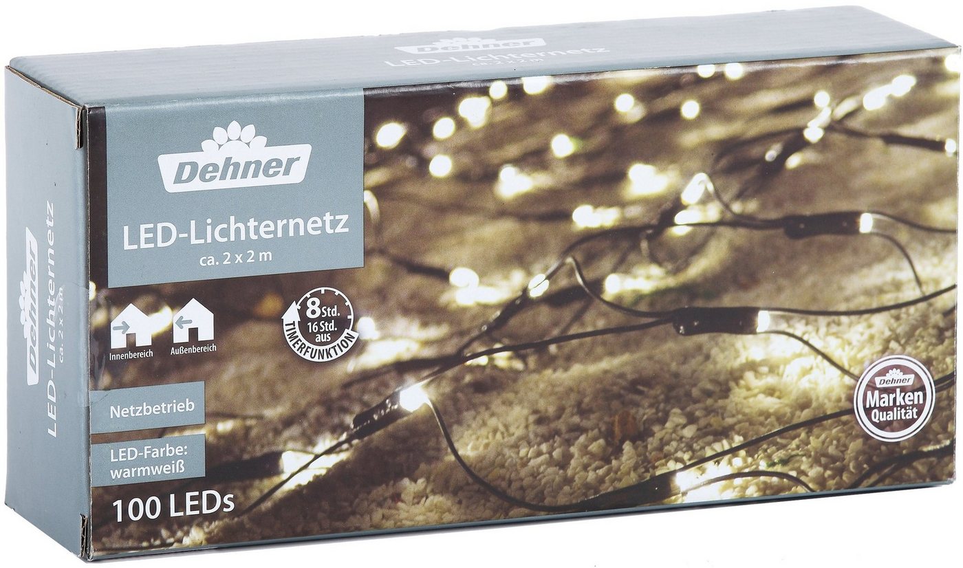 Dehner LED-Lichterkette LED Lichternetz, 100 LEDs, 200 x 200 cm, warmweiß, für Innen und Außen, mit Timer, 26 cm Abstand Dioden von Dehner