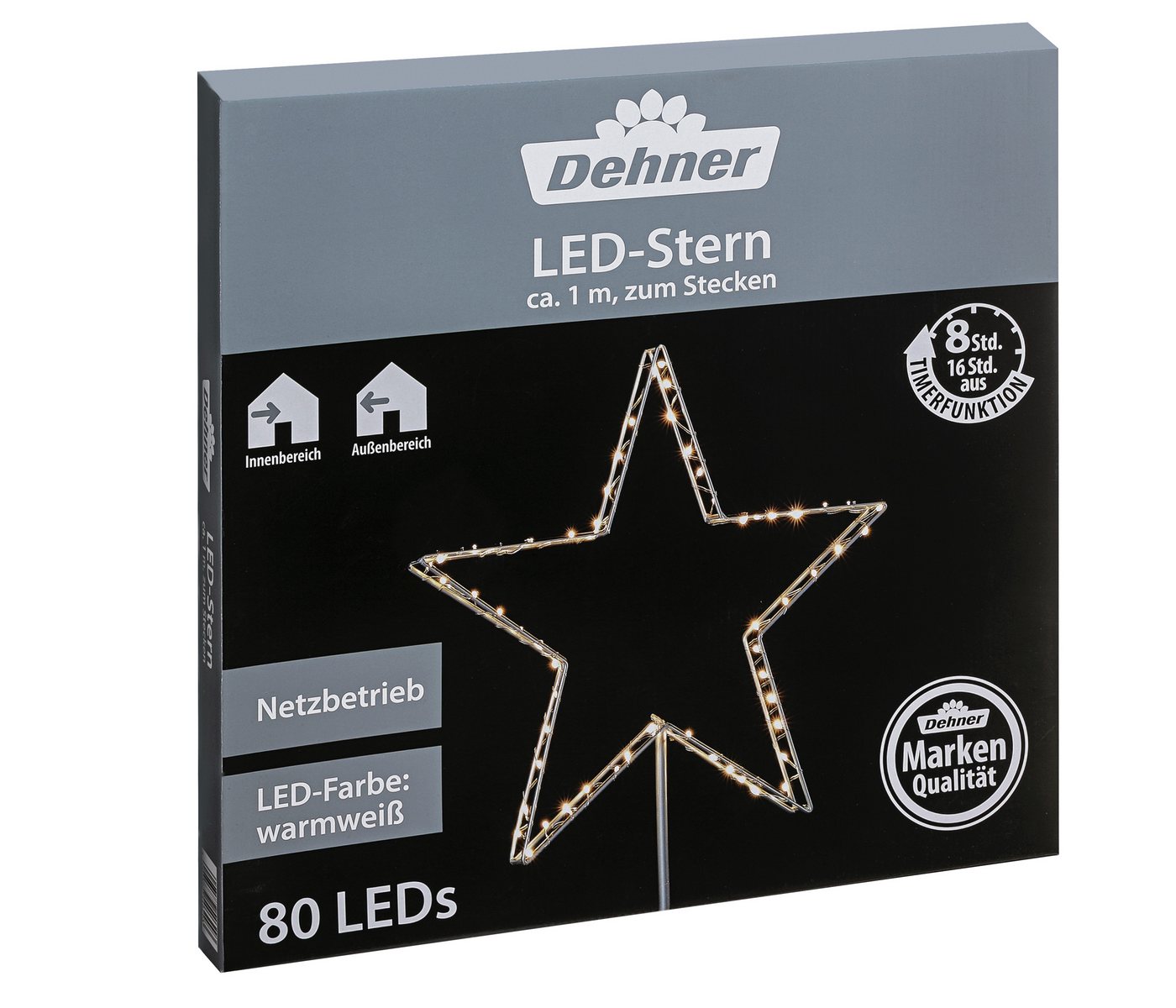Dehner LED-Lichterkette LED-Stern zum Stecken, 80 LED, Ø 52 cm, Metall, silber, Weihnachtsbeleuchtung zum Stecken inkl. Timer, Indoor und Outdoor von Dehner