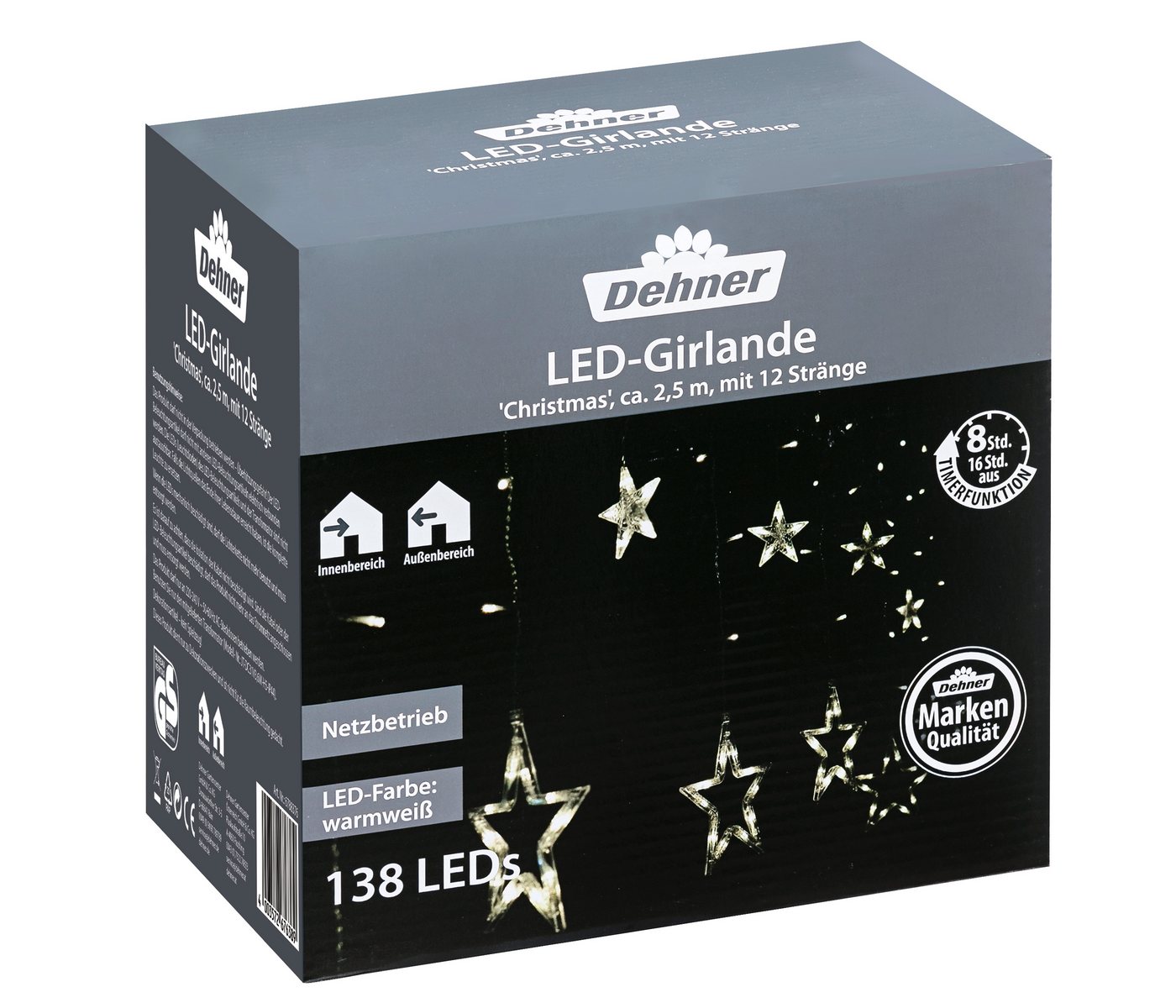 Dehner Lichterkette LED-Girlande Christmas, 138 LEDs, warmweiß, 250 cm, Beleuchtung für Weihnachten, drinnen/draußen, praktischer Timer von Dehner